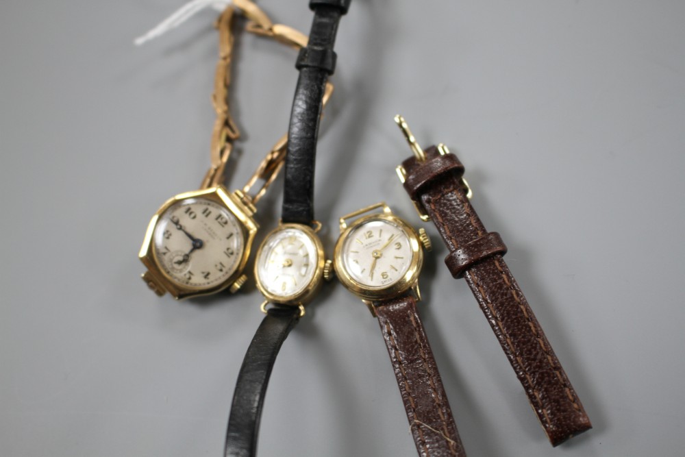 Three ladys 9ct gold manual wind wrist watches, J.W. Benson(2) and Accurist,